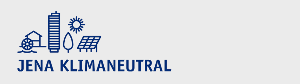 Logo von Jena Klimaneutral mit Symbolen für Gebäude, Wasser, Sonne und Natur.