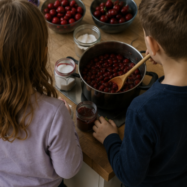 Zwei Kinder stehen am Tisch und bereiten ein Rezept mit Kirschen und Zutaten vor.