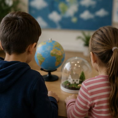 Zwei Kinder betrachten einen Globus und eine Schneekugel mit einem kleinen Haus und Baum.