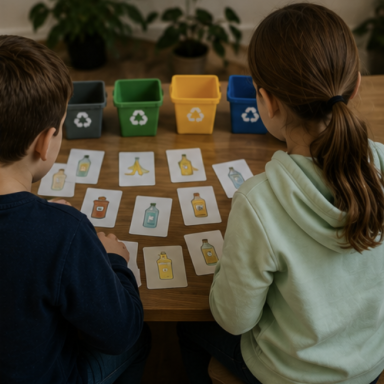 Zwei Kinder sortieren Karten mit Recycling-Symbolen neben farbigen Mülleimern.