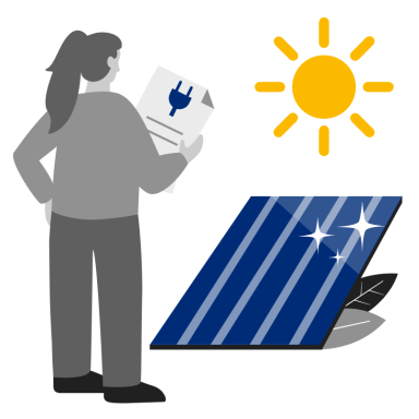 Eine Person betrachtet ein Solarpanel unter Sonnenlicht.