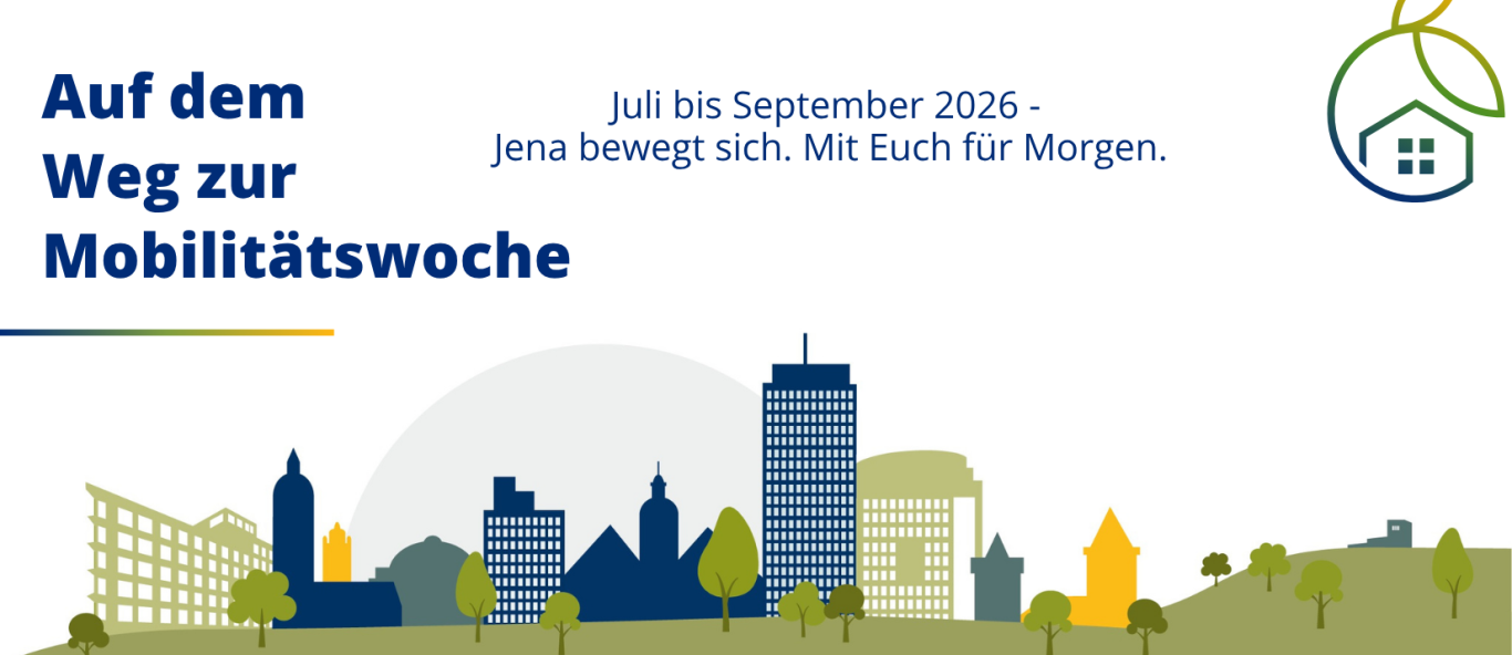 Auf dem Weg zur Mobilitätswoche Kampagnenfoto mit Icons von Städten und Natur.