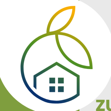 Haus-Logo mit Blatt, Symbol für Nachhaltigkeit und Umweltbewusstsein.