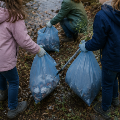 Kinder sammeln Müll in blauen Säcken an der Saale in Jena.