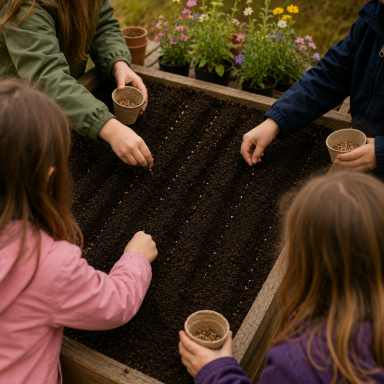 Drei Kinder pflanzen bunte Blumen auf einer Freifläche.