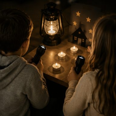 Zwei Kinder sitzen bei Kerzenlicht und halten Taschenlampen in der dunklen Umgebung.