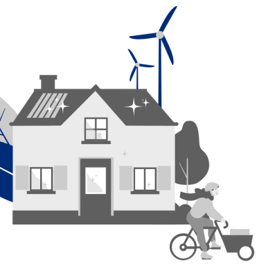 Frau auf Fahrrad vor umweltfreundlichem Haus mit Windrädern im Hintergrund.